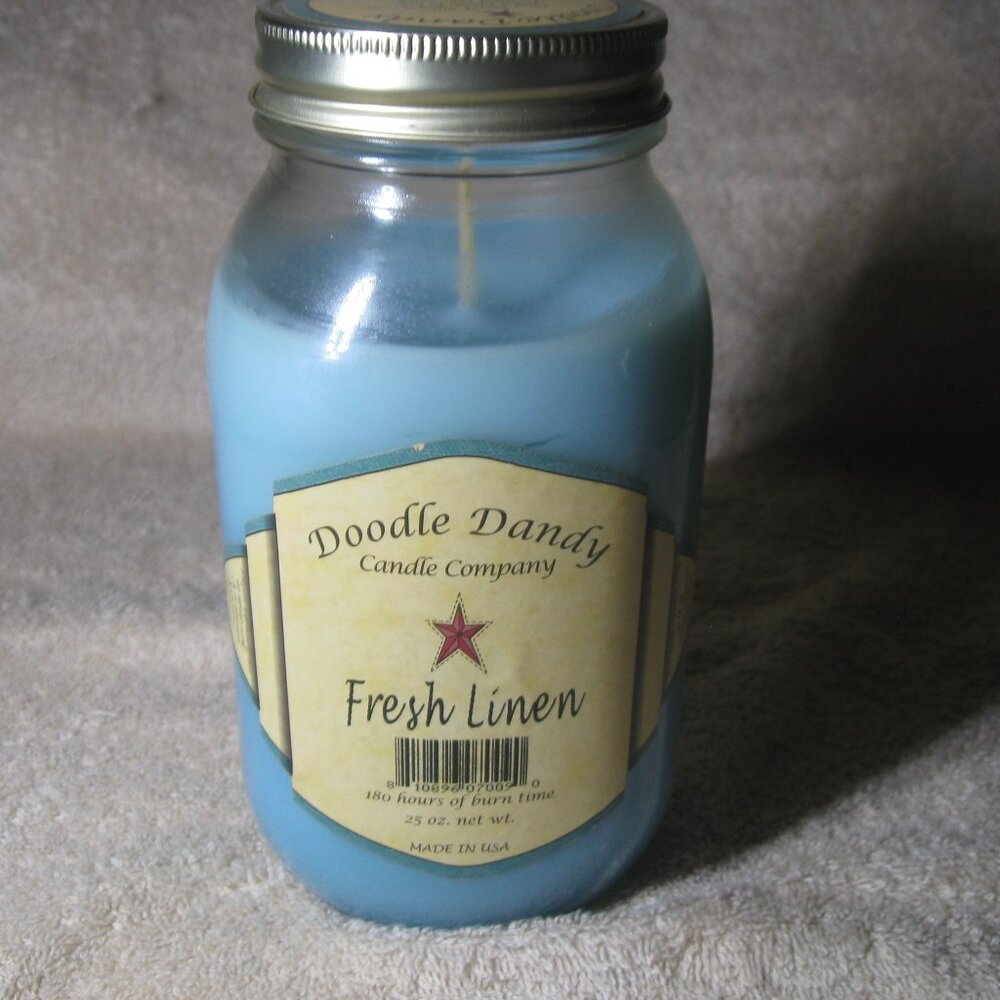 Vintage DOODLE DANDY Fresh Linen 25 oz Mason Jar Candle HTF Discontinued